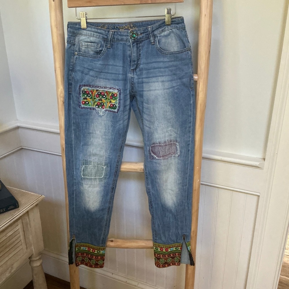 Desigual Women 28 Blue Embroidered Beaded Patchwork Boho Slim Ankle‎ Zip Jeans